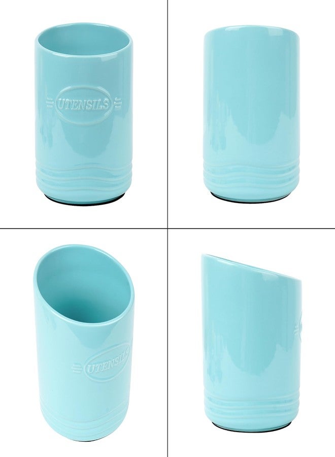 BUNCHBRAVO Ceramic Utensil Holder Enamel Finish - 7.3 x 5.9 Inches Large Round Utensil Crock, Kitchen Tools Countertop Organizer, Farmhouse Décor, Teal - Image 5